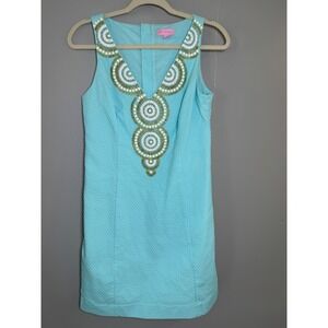 Lilly Pulitzer Aqua Blue Beaded Seersucker Shift Dress Size 4‎ Sleeveless V-Neck